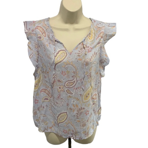 Romantic Paisley Flutter Sleeve Blouse Split Neckline w/Tie Size Petite Small‎